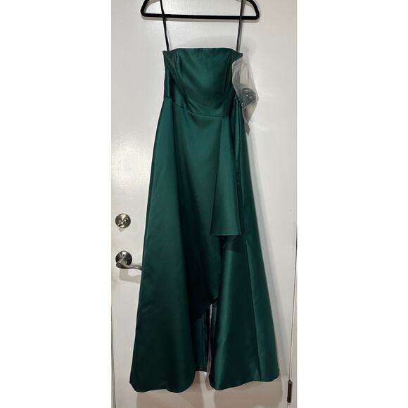 Alfred Sung Strapless Satin Gown Draped Skirt Front Slit Hunter Green Size 4 NWT - Picture 2 of 15